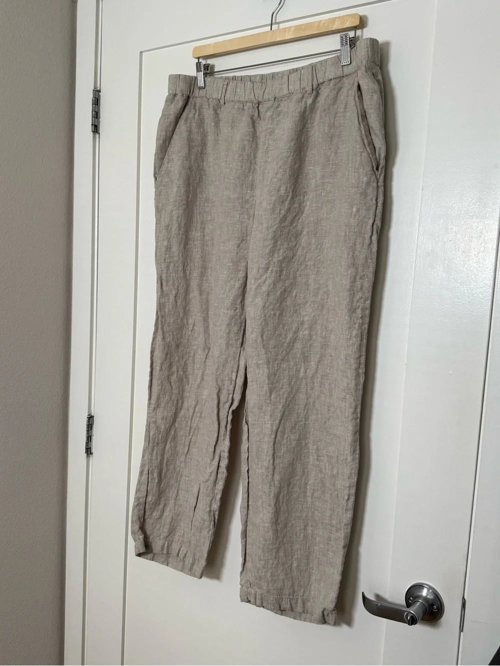 Quince 100% European Linen Pants Elastic Waist Flax Beige Womens Sz XL Cropped